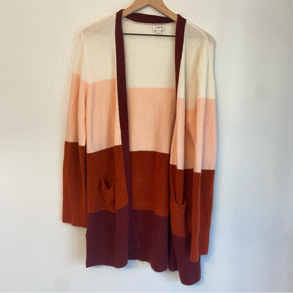 J. Crew Color Block Cardigan in Cream, Pink,‎ and Brown super cozy!